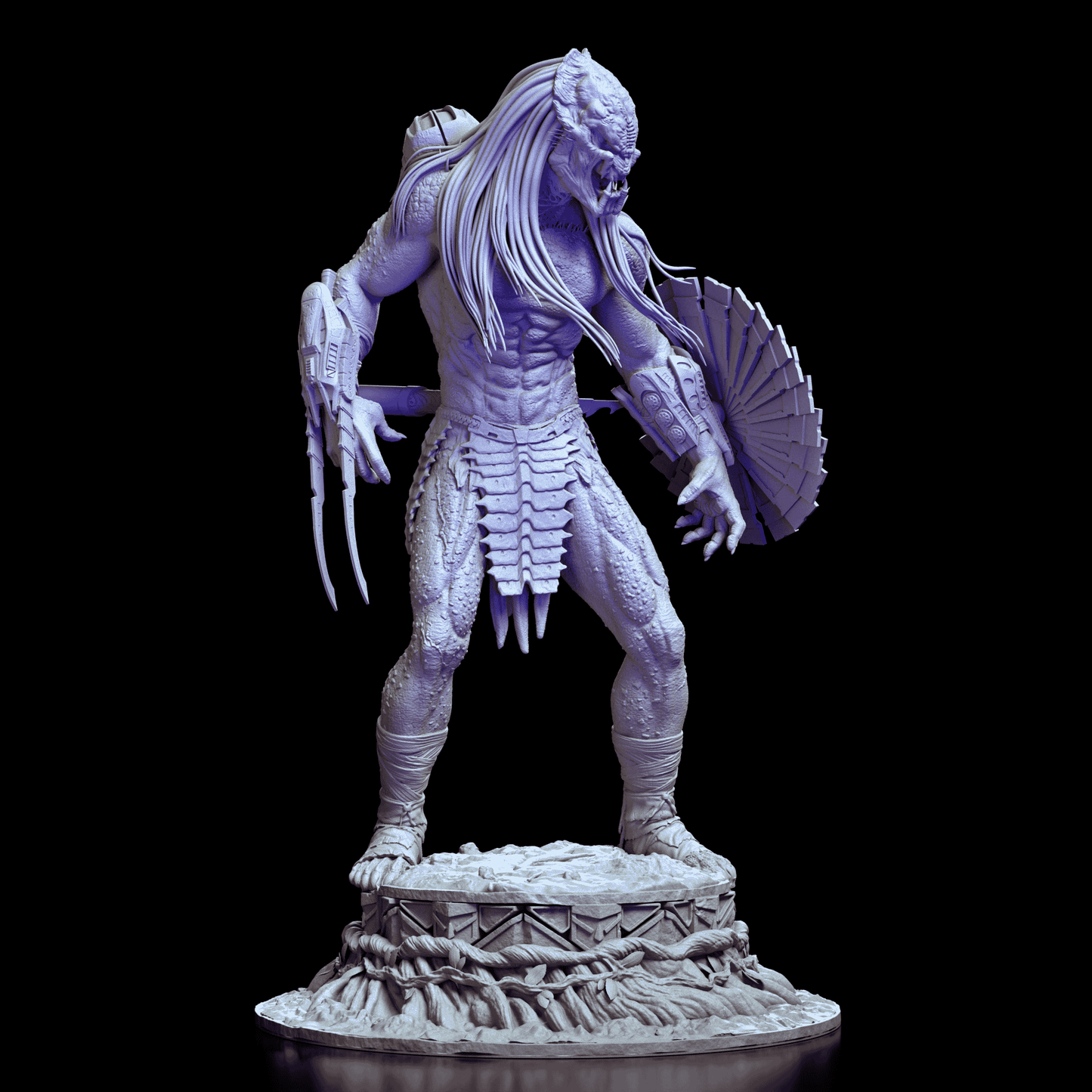 Right side of Predator model highlighting wrist blades, shield detail, and muscular stance
