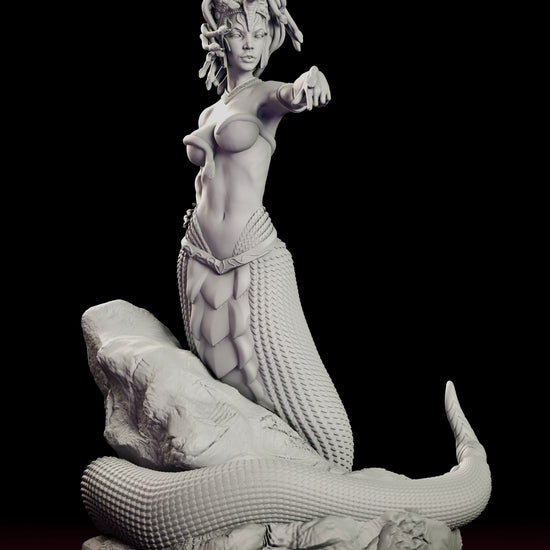 360-degree turntable view of The Gorgon Queen showcasing full serpent body, rock base, and intricate hair of living snakes