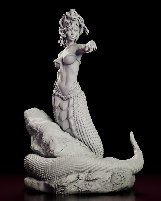 360-degree turntable view of The Gorgon Queen showcasing full serpent body, rock base, and intricate hair of living snakes