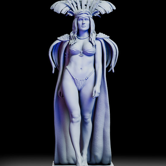 360 degree turntable of Santanico Pandemonium resin model kit inspired by Salma Hayek in From Dusk Till Dawn, featuring feathered headdress, flowing cape, and alternate vampire head option