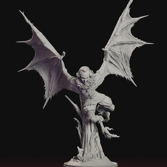 A 360 degree turntable of the Winged Pennywise figure model kit spreading vast bat wings above a gnarled dead branch.