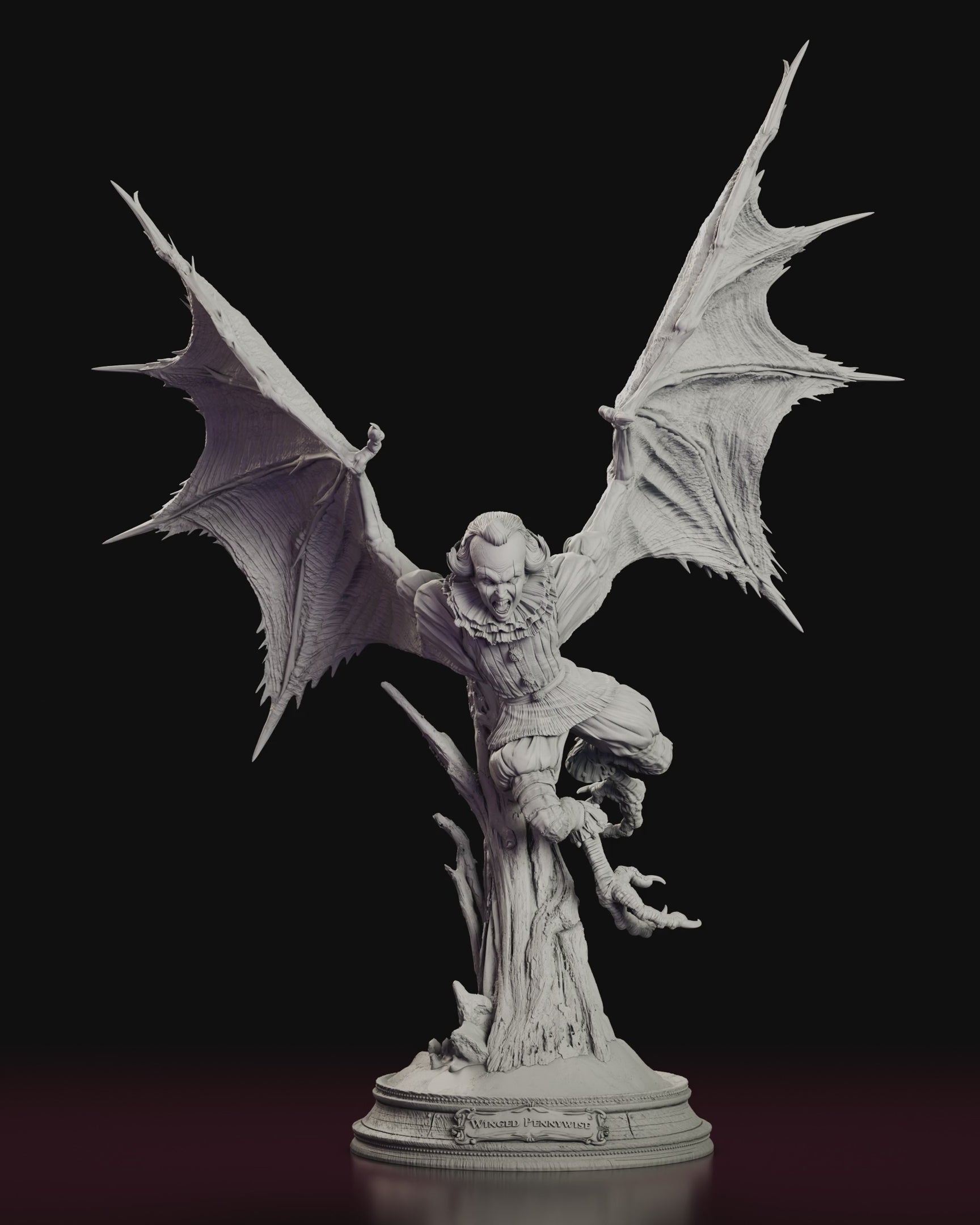 A 360 degree turntable of the Winged Pennywise figure model kit spreading vast bat wings above a gnarled dead branch.
