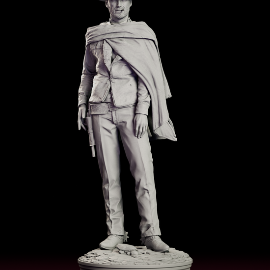 360 degree turntable view of Blondie The Man With No Name western gunslinger figure model kit showing poncho drape revolver holster and detailed frontier base from all angles