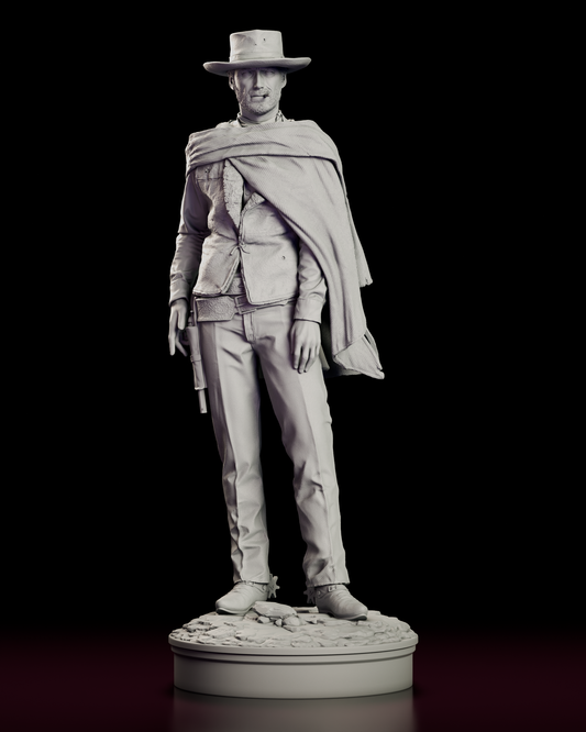 360 degree turntable view of Blondie The Man With No Name western gunslinger figure model kit showing poncho drape revolver holster and detailed frontier base from all angles