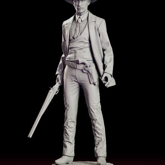 360 degree turntable view of Colonel Douglas Mortimer western bounty hunter figure model kit showcasing the full sculpt including rifle, holster, coat details, and stern gunslinger portrait