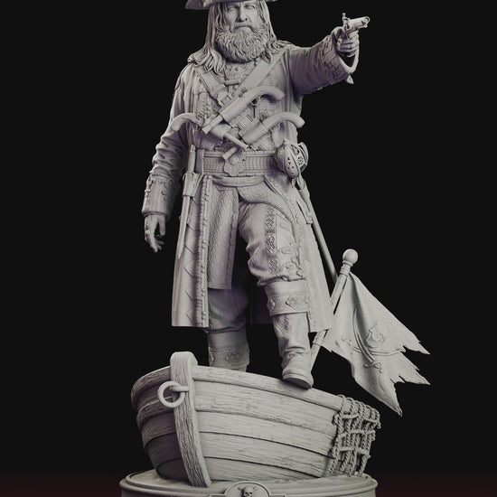 A 360 degree turntable of the Blackbeard figure model kit standing in a boat, aiming a flintlock pistol beside a tattered pirate flag.