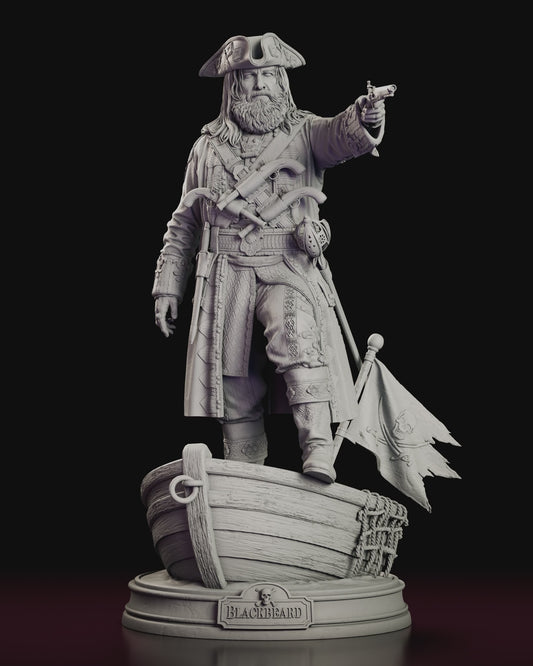 A 360 degree turntable of the Blackbeard figure model kit standing in a boat, aiming a flintlock pistol beside a tattered pirate flag.