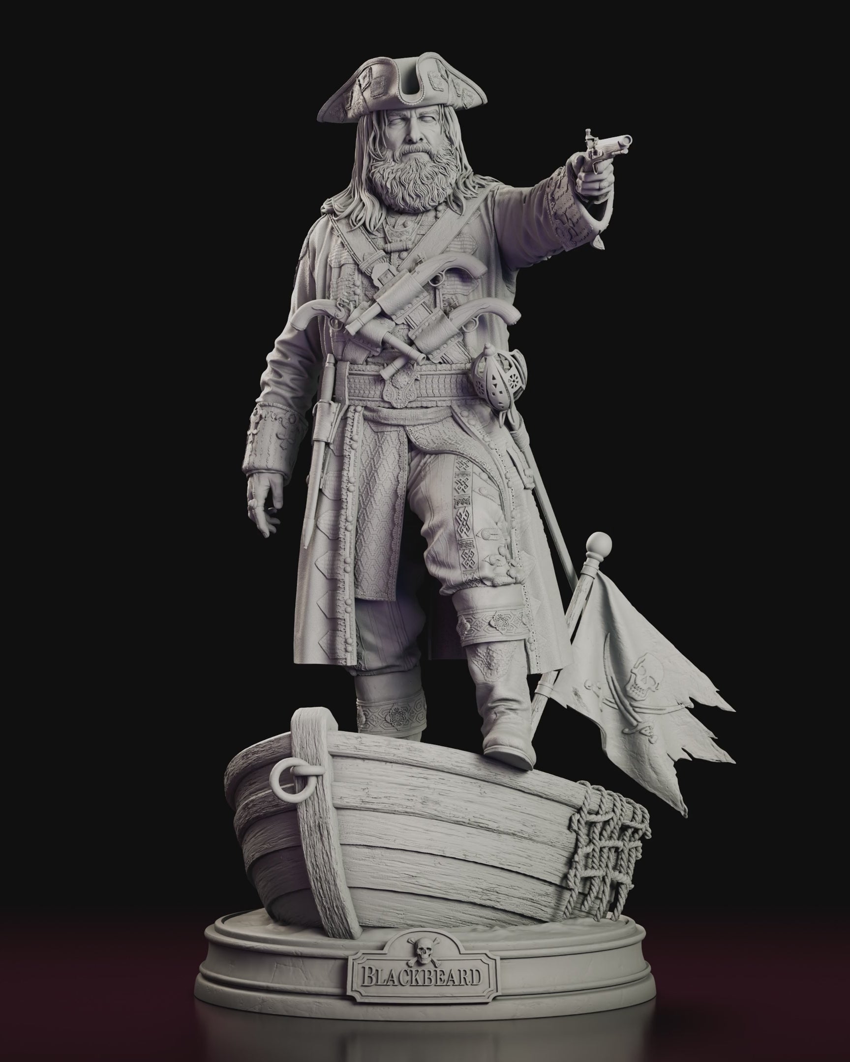 A 360 degree turntable of the Blackbeard figure model kit standing in a boat, aiming a flintlock pistol beside a tattered pirate flag.