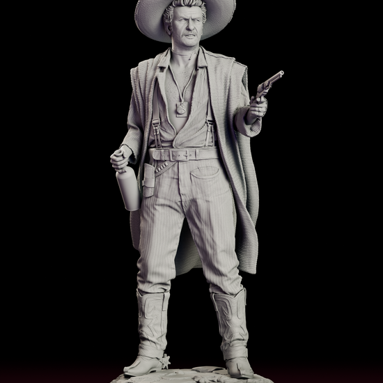 360 degree turntable view of the Tuco Ramirez western outlaw figure model kit showing the detailed poncho, revolver pose, desert base, and expressive portrait from all angles