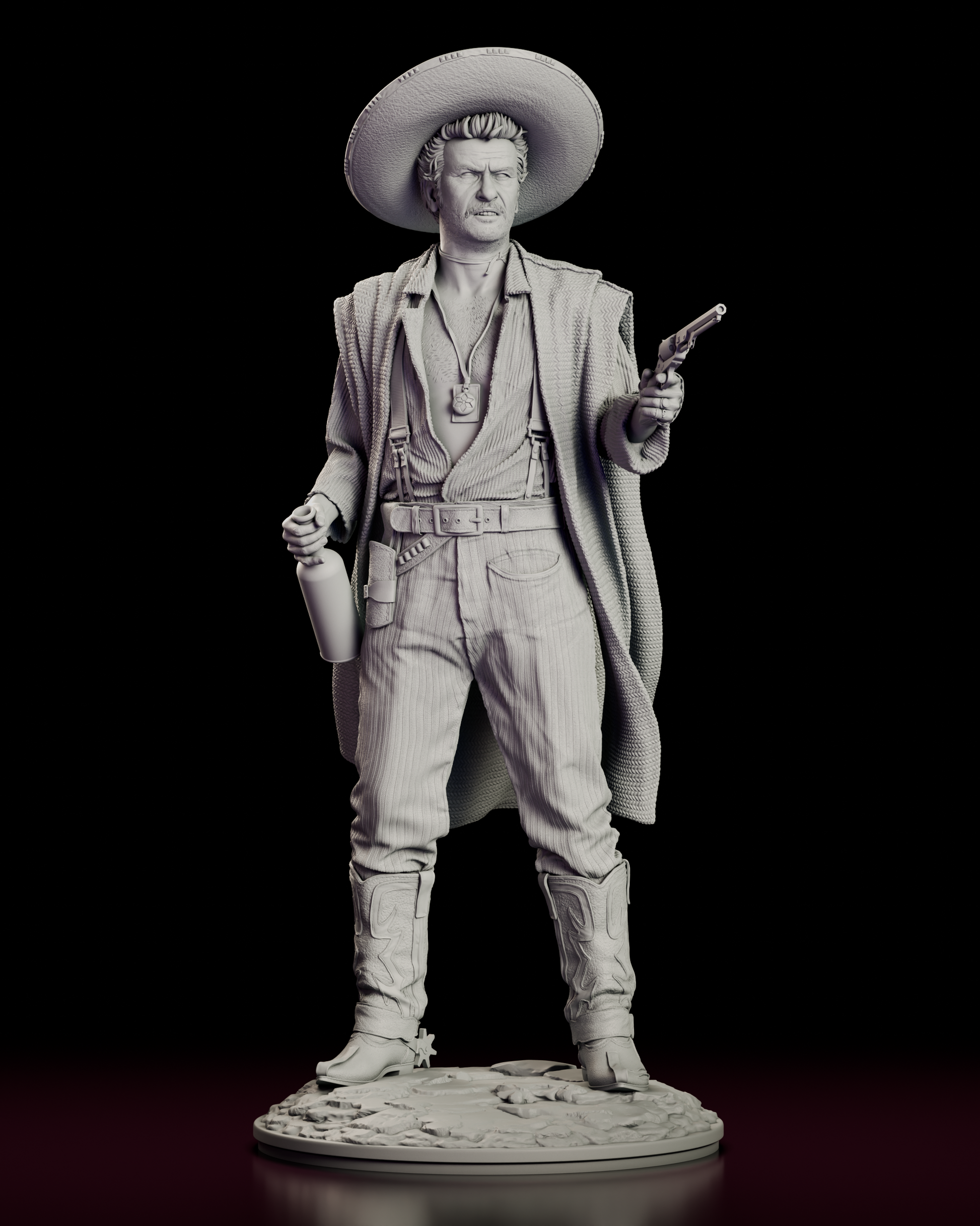 360 degree turntable view of the Tuco Ramirez western outlaw figure model kit showing the detailed poncho, revolver pose, desert base, and expressive portrait from all angles