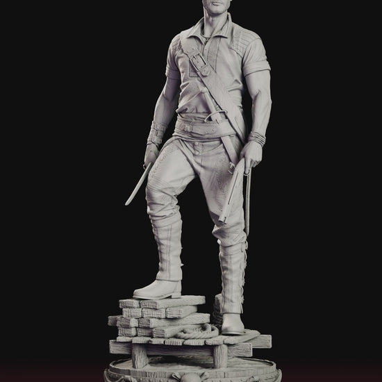 A 360 degree turntable of the Billy Bones figure model kit standing on ship's planking with a cutlass and flintlock pistol.
