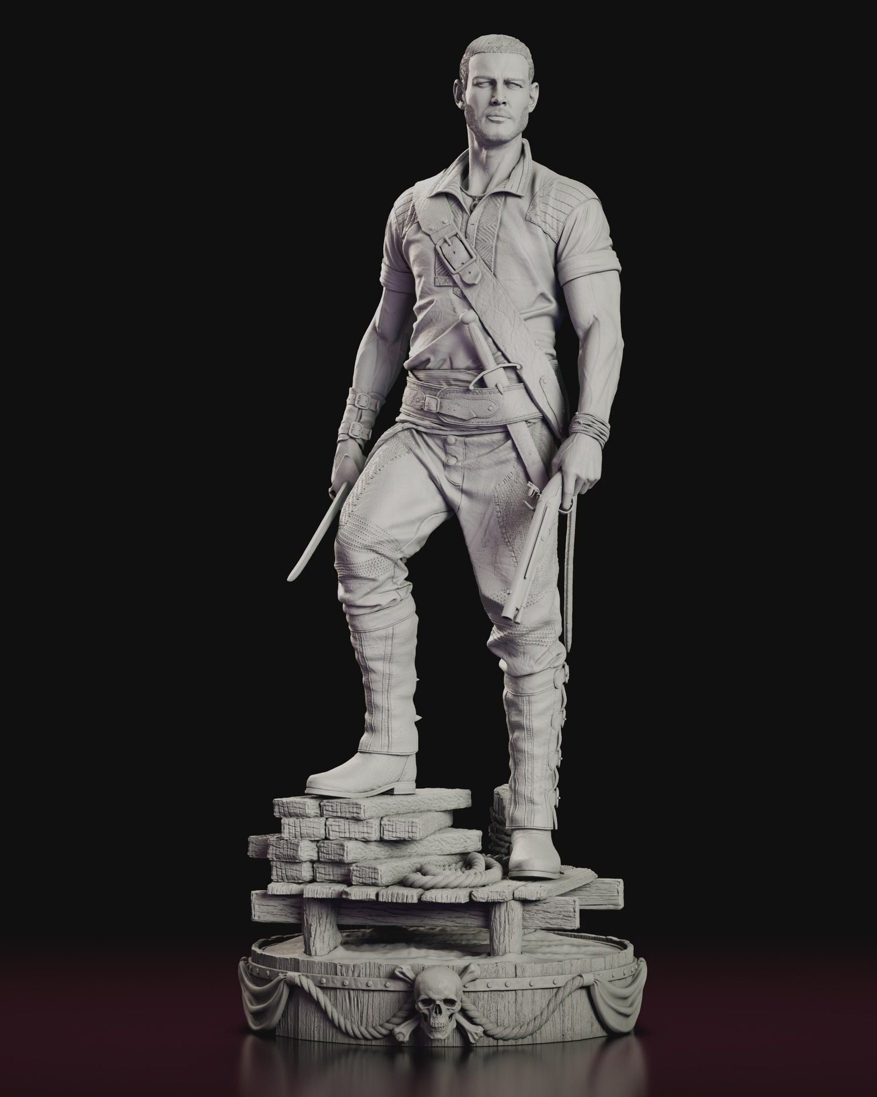 A 360 degree turntable of the Billy Bones figure model kit standing on ship's planking with a cutlass and flintlock pistol.