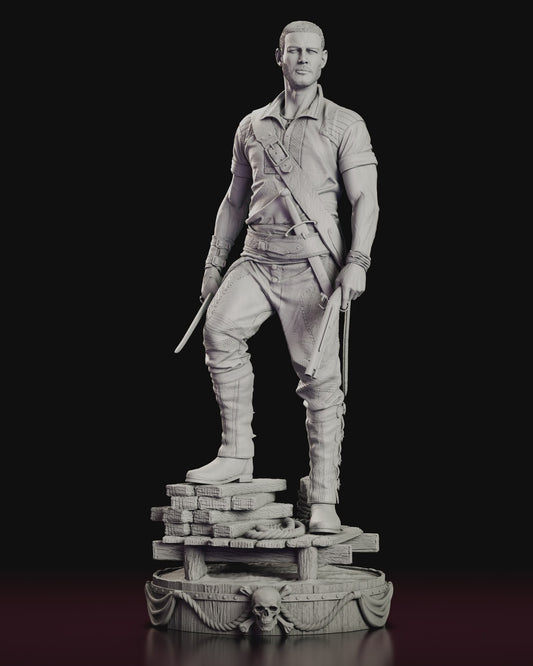 A 360 degree turntable of the Billy Bones figure model kit standing on ship's planking with a cutlass and flintlock pistol.