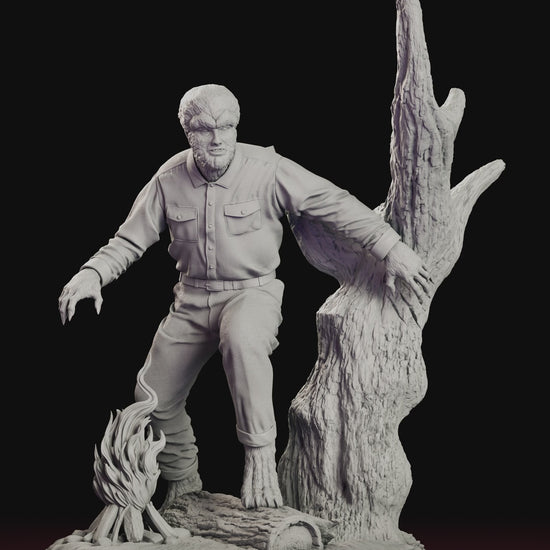 A 360 degree turntable of the Classic Wolfman figure model kit crouched beside a dead tree and a flickering fire.