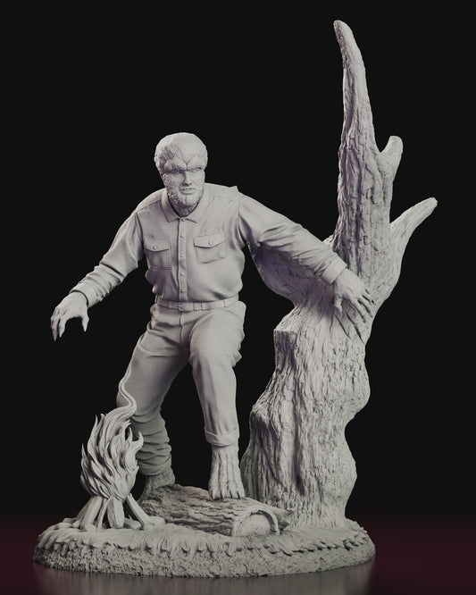 A 360 degree turntable of the Classic Wolfman figure model kit crouched beside a dead tree and a flickering fire.