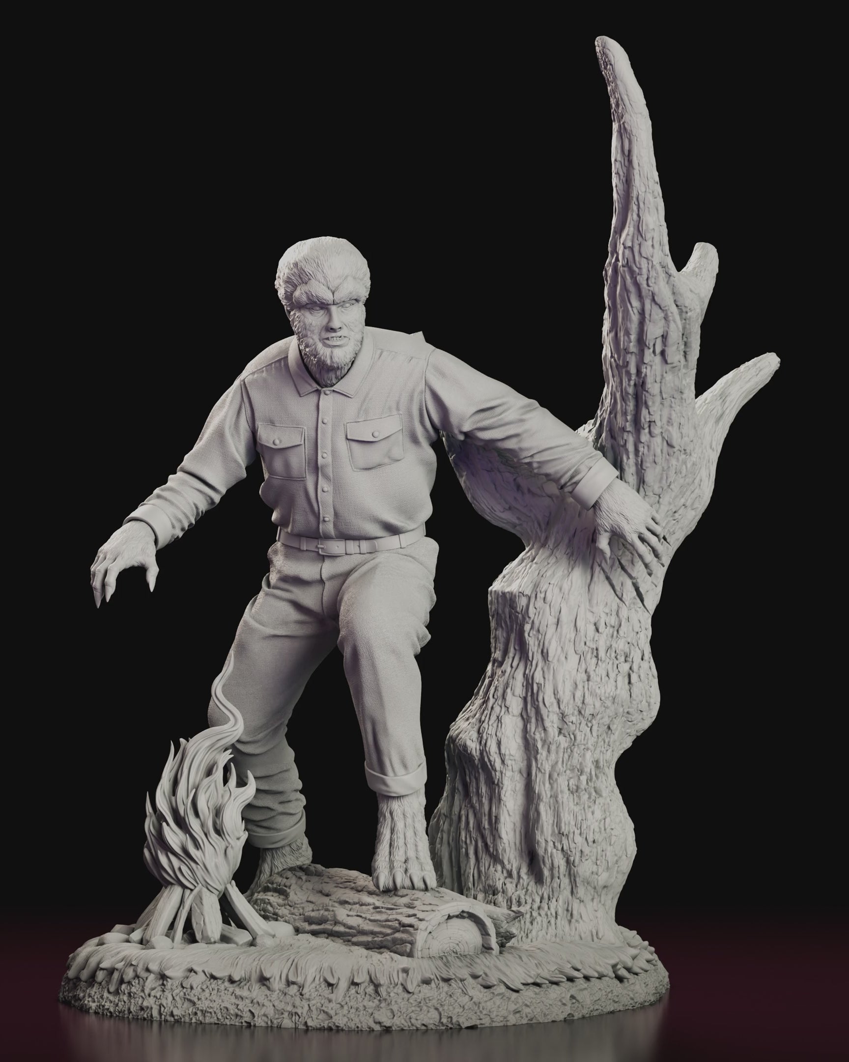 A 360 degree turntable of the Classic Wolfman figure model kit crouched beside a dead tree and a flickering fire.