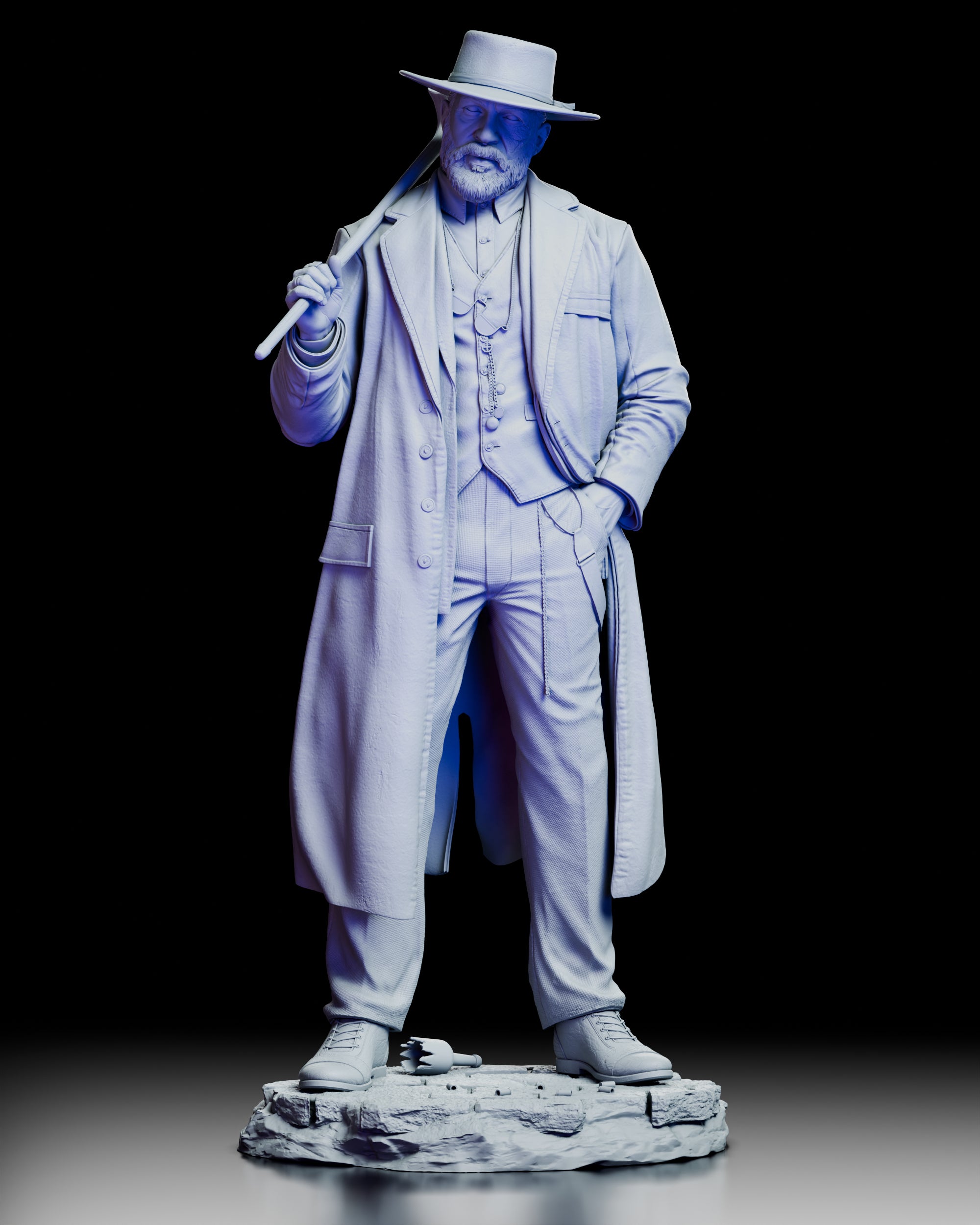 360 degree turntable view of Alfie Solomons figure model kit showcasing full sculpt details, character pose, and textured base from all angles