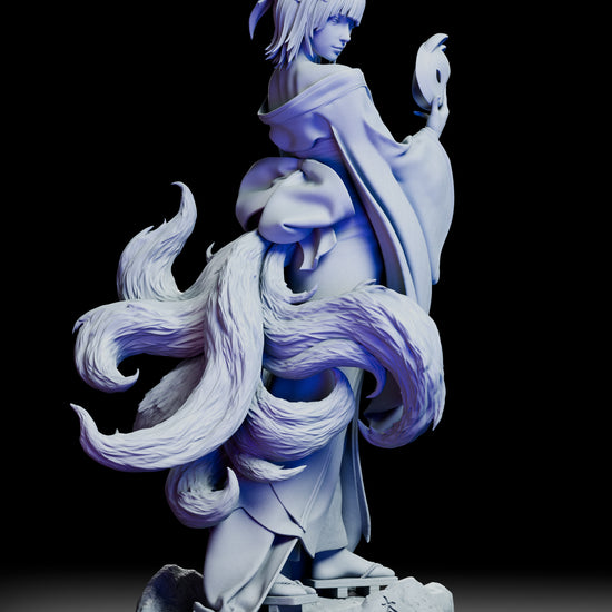 Full 360-degree view of the Amaterasu Kitsune figure kit by CA3D, showing her serene expression, nine tails, and intricate kimono sculpt from every angle