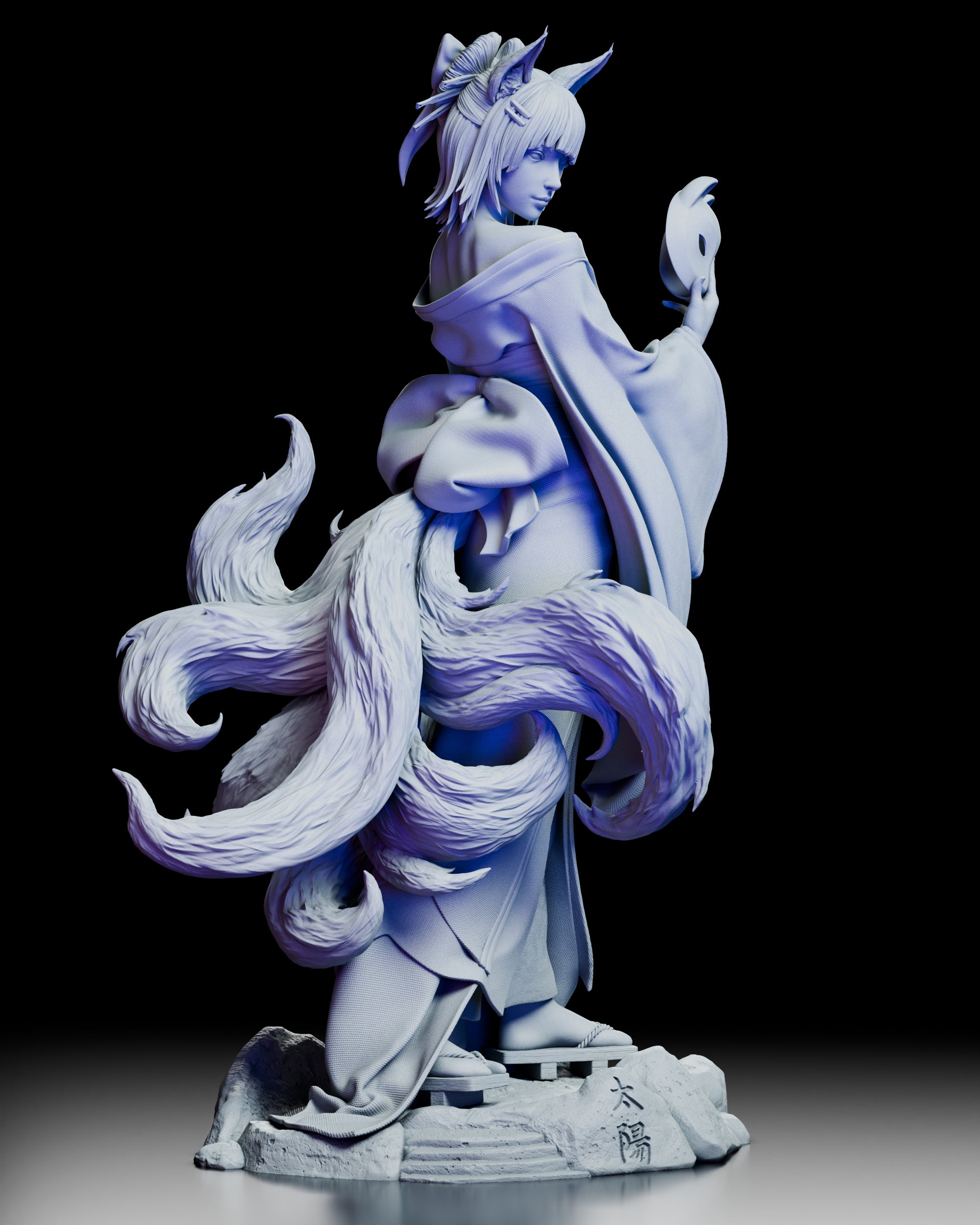Full 360-degree view of the Amaterasu Kitsune figure kit by CA3D, showing her serene expression, nine tails, and intricate kimono sculpt from every angle