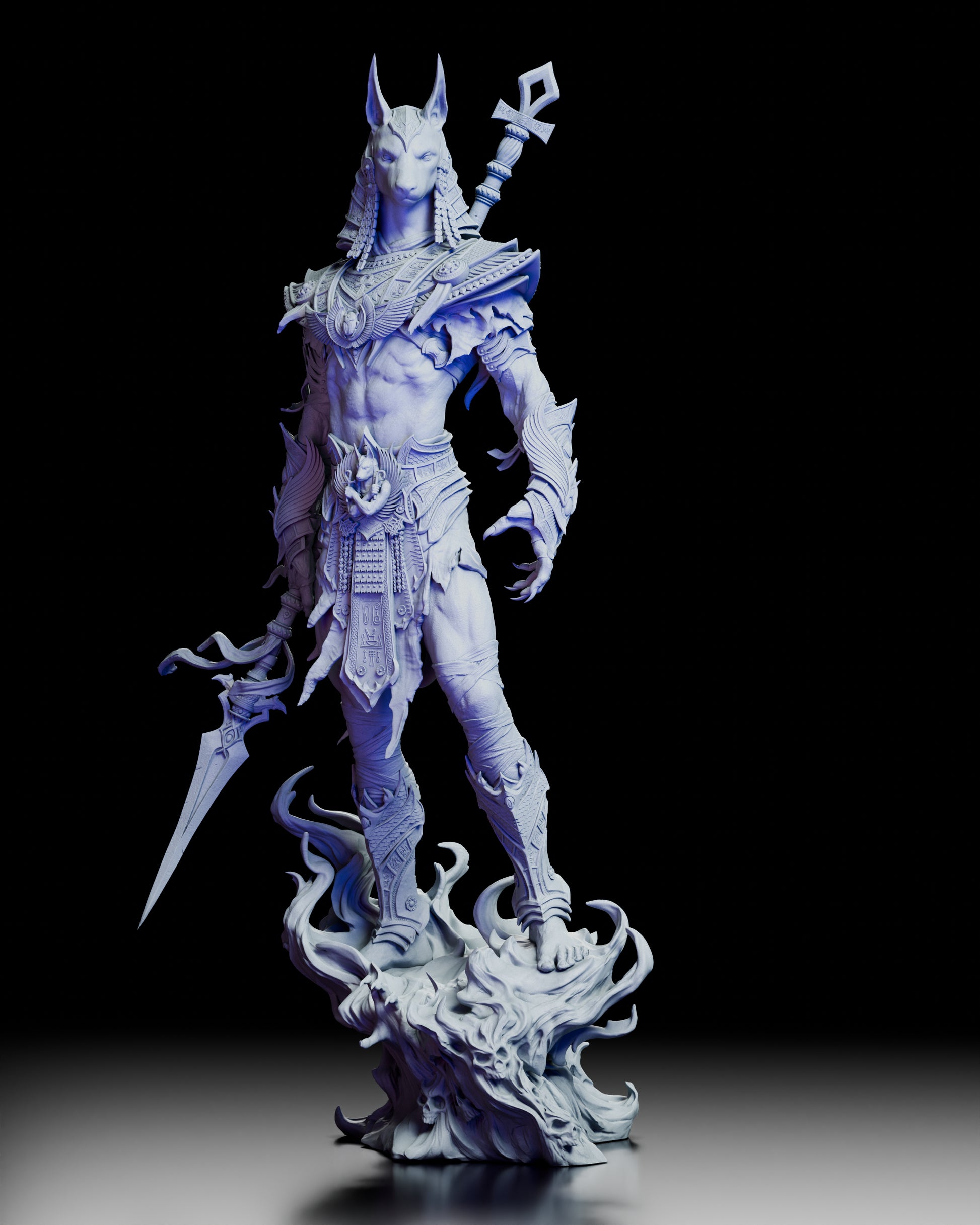 360-degree turntable view of Anubis, Keeper of Souls resin figure kit showcasing full sculpt, armor detail, and spectral base from all angles
