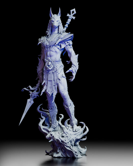 360-degree turntable view of Anubis, Keeper of Souls resin figure kit showcasing full sculpt, armor detail, and spectral base from all angles