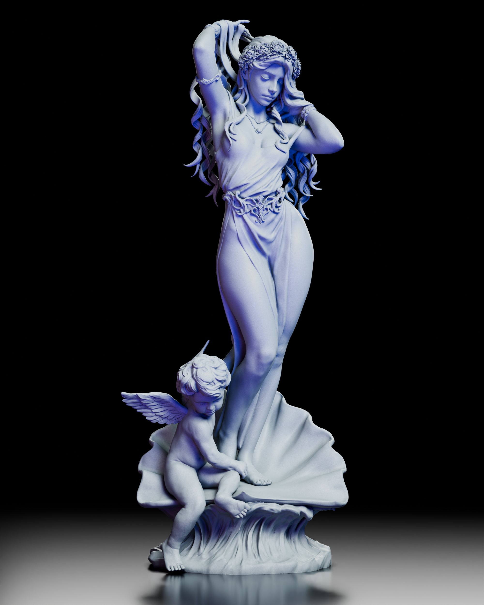 360-degree turntable view of Aphrodite, Born of the Sea resin figure kit showing full sculpted form, cherub, and shell base from all angles