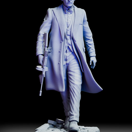 360 degree turntable view of the Arthur Shelby figure model kit showcasing full sculpt detail, dynamic walking pose, and textured clothing from all angles