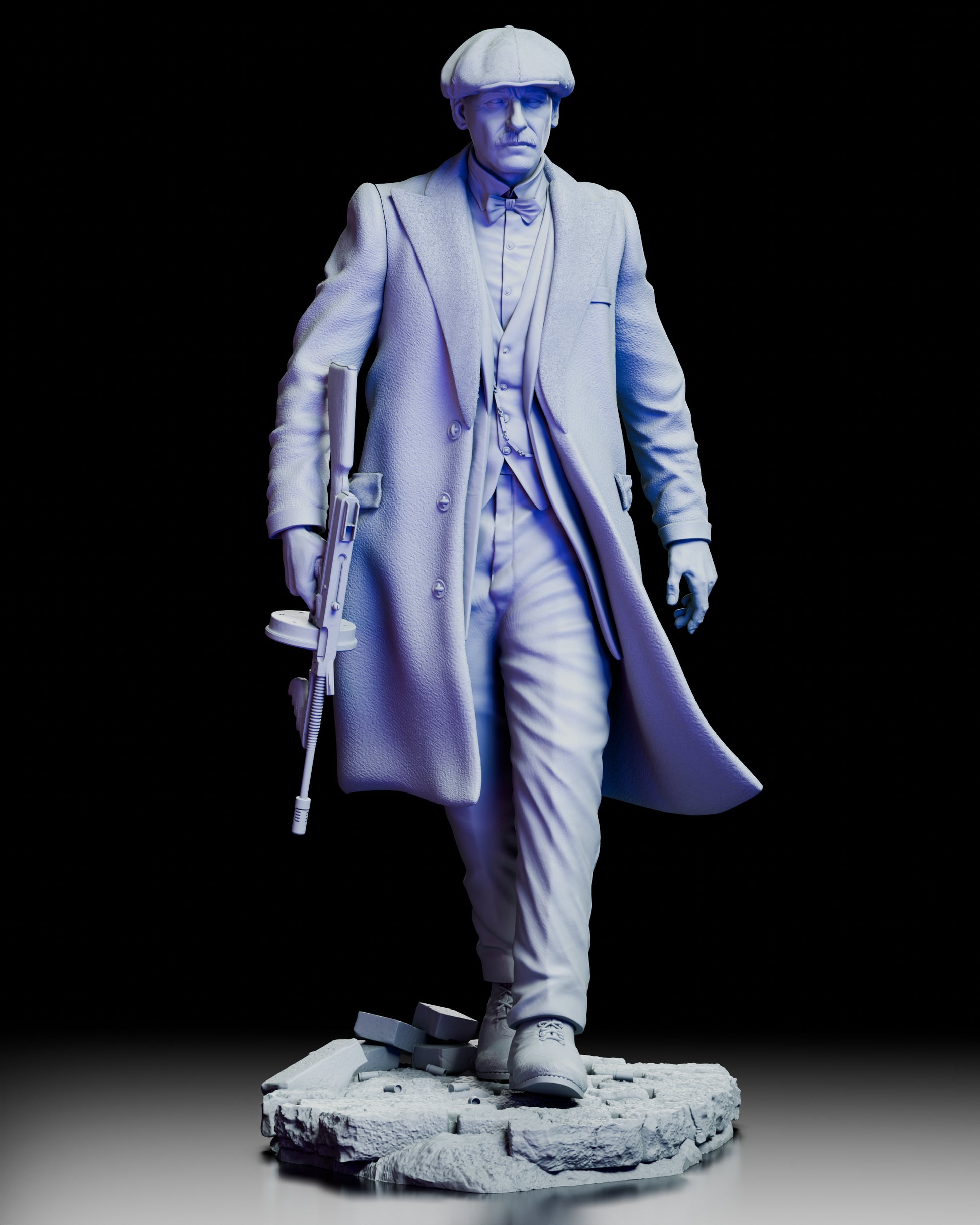 360 degree turntable view of the Arthur Shelby figure model kit showcasing full sculpt detail, dynamic walking pose, and textured clothing from all angles