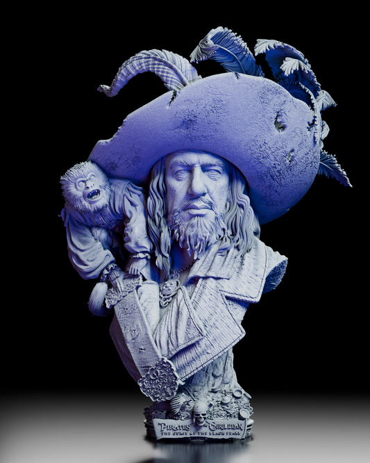 360-degree rotating view of Captain Hector Barbosa Bust Kit by Wicked showcasing sculpted textures, Little Jack companion, and alternate portrait options