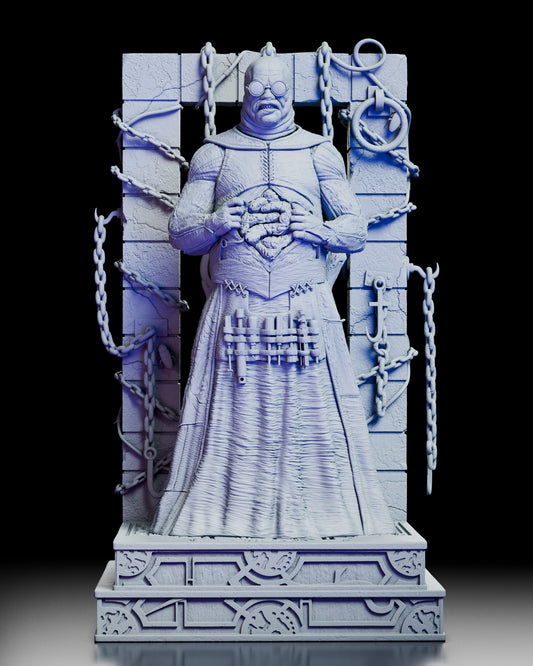 A full 360 degree rotation of the Butterball Cenobite figure kit showing the detailed robes, exposed organs, chained stone frame, suspended flayed body, and intricate base from every angle.