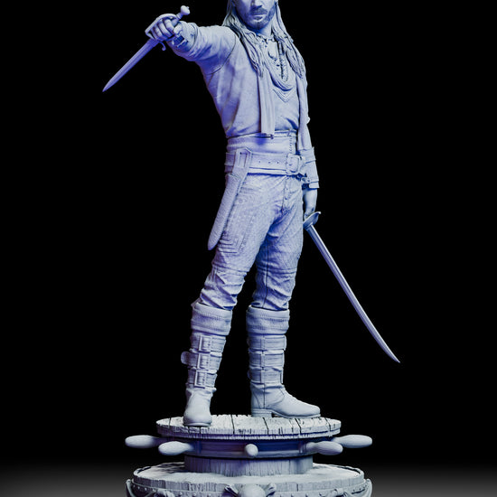 360° turntable video of the Charles Vane Black Sails resin figure kit rotating to showcase the full-body stance, intense portrait, long flowing hair, layered pirate clothing textures, belts and straps, and the selected pistol or dagger and cigar or sword configuration with matching sheath details from every angle.