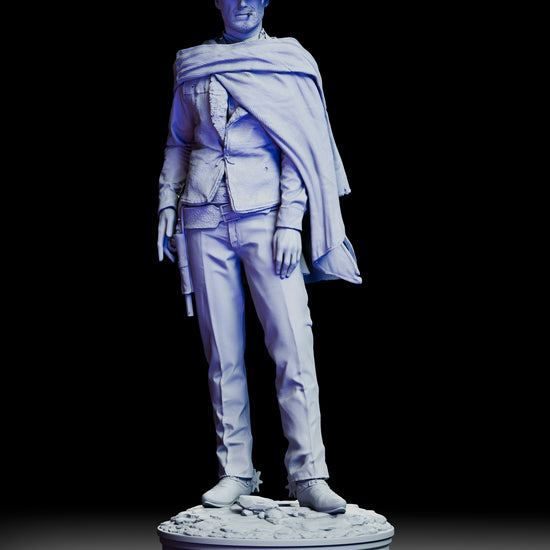 360 degree turntable view of Blondie The Man With No Name western gunslinger figure model kit showing poncho drape revolver holster and detailed frontier base from all angles