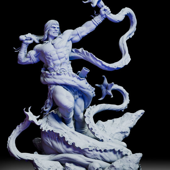 Full 360-degree view of the Conan Figure Model Kit by Polymind Studios, showing the barbarian warrior battling a tentacled monster with raised sword and detailed rocky base