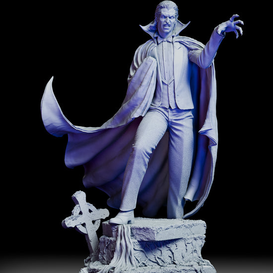 360 degree turntable view of Count Dracula figure model kit featuring flowing cape movement, alternate portrait options, and gothic graveyard base sculpt
