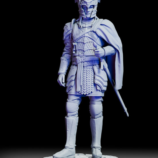 360 degree turntable view of the Daemon Targaryen figure model kit showcasing full sculpt detail, armor textures, cloak movement, and helmeted portrait from all angles