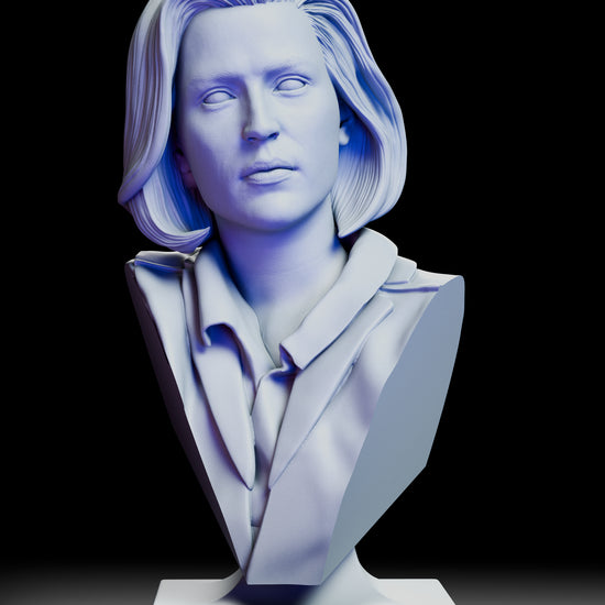 A full 360 degree rotation of the Dana Scully portrait bust, revealing the nuanced facial structure, layered bob hairstyle, crisp jacket folds, and elegant stepped pedestal from every angle