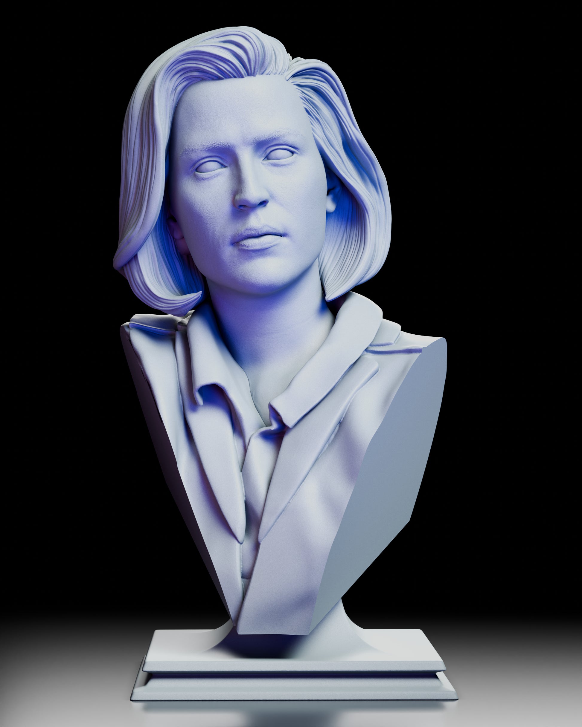 A full 360 degree rotation of the Dana Scully portrait bust, revealing the nuanced facial structure, layered bob hairstyle, crisp jacket folds, and elegant stepped pedestal from every angle