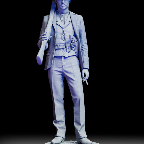 A rotating view of the Doc Holliday figure kit showing the complete sculpt from all angles, including the tailored Western suit, shotgun, cigarette, facial detail, and textured frontier-style base.