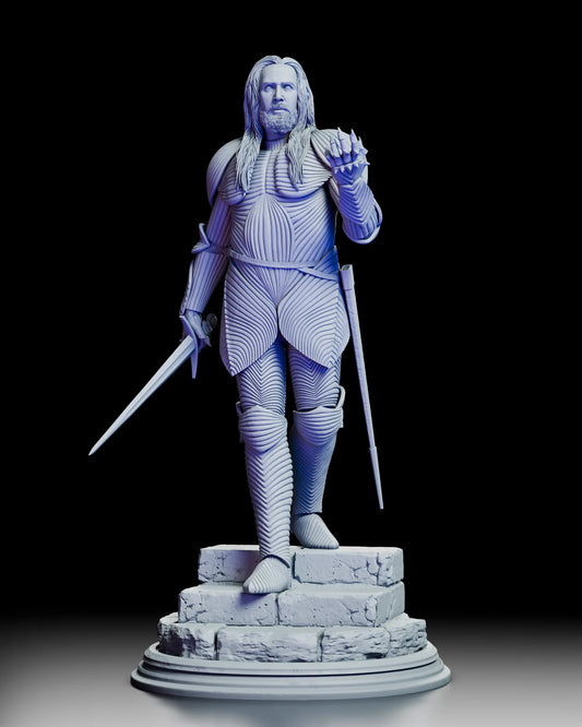 360-degree turntable view of Armored Dracula figure model kit showcasing all angles of the detailed armor texture, flowing hair, sword, weathered stone base, and optional interchangeable parts