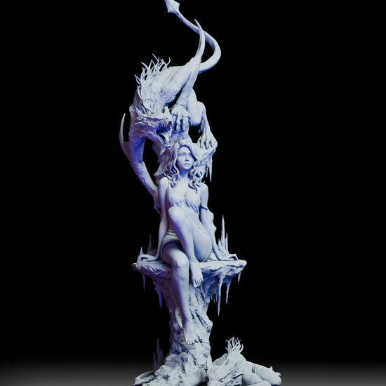 Full 360 degree turntable view of Elegy of the Wyrm showcasing the towering dragon, seated maiden, and sculpted spire base from all angles