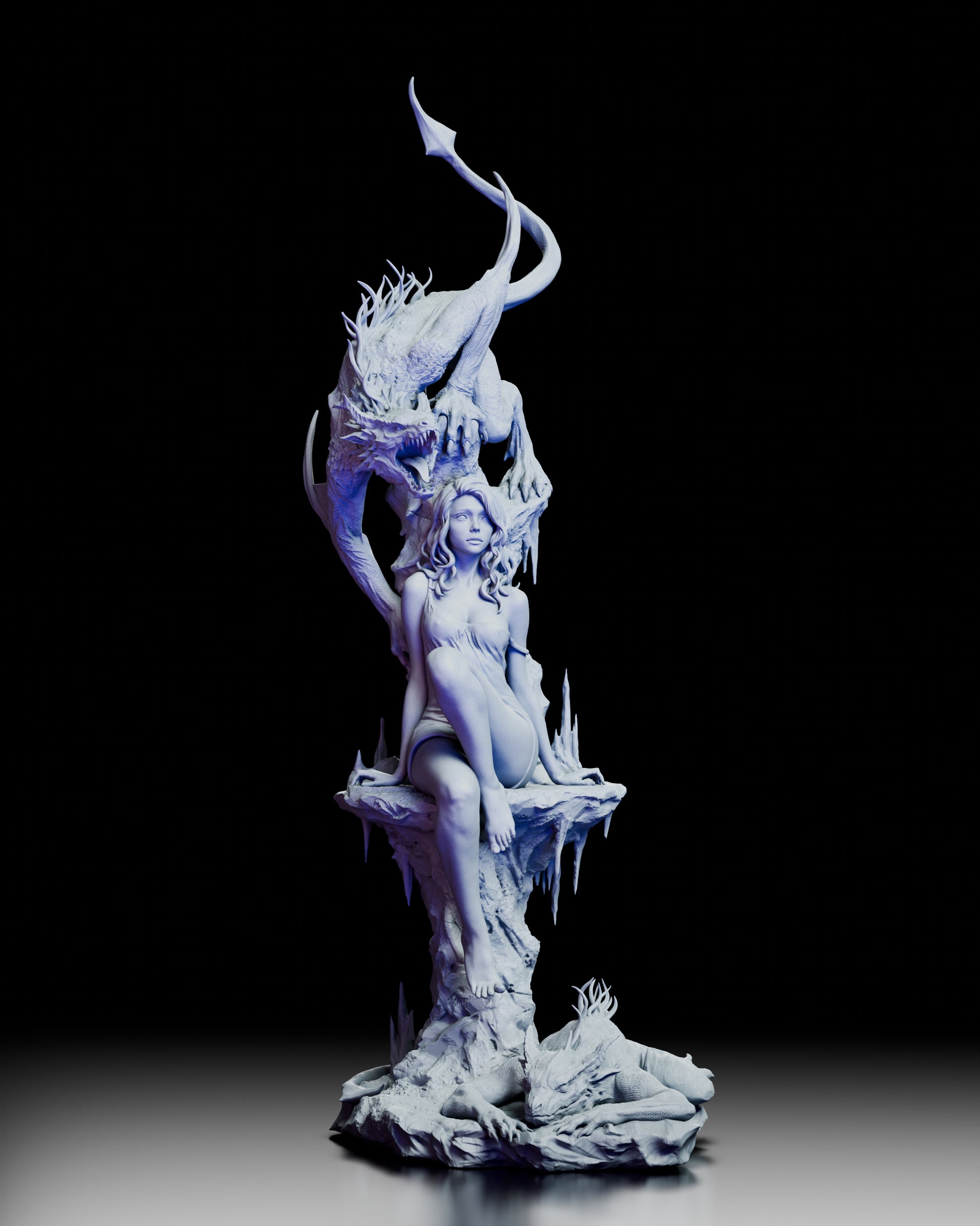 Full 360 degree turntable view of Elegy of the Wyrm showcasing the towering dragon, seated maiden, and sculpted spire base from all angles