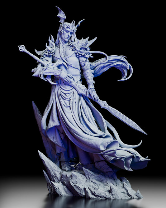 360-degree turntable video of The Pale Sorcerer King unpainted resin figure model kit by Polymind Studio, showcasing all angles of the sculpture including robes, armor, blades, and stone base