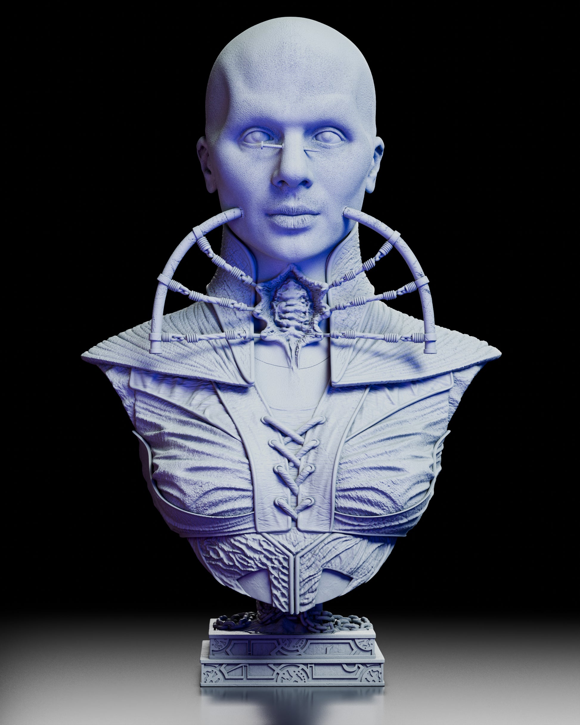 360 degree turntable video of the Priestess of Suffering silent cenobite portrait bust showcasing all angles of the detailed horror sculpture, from front profile to chained base