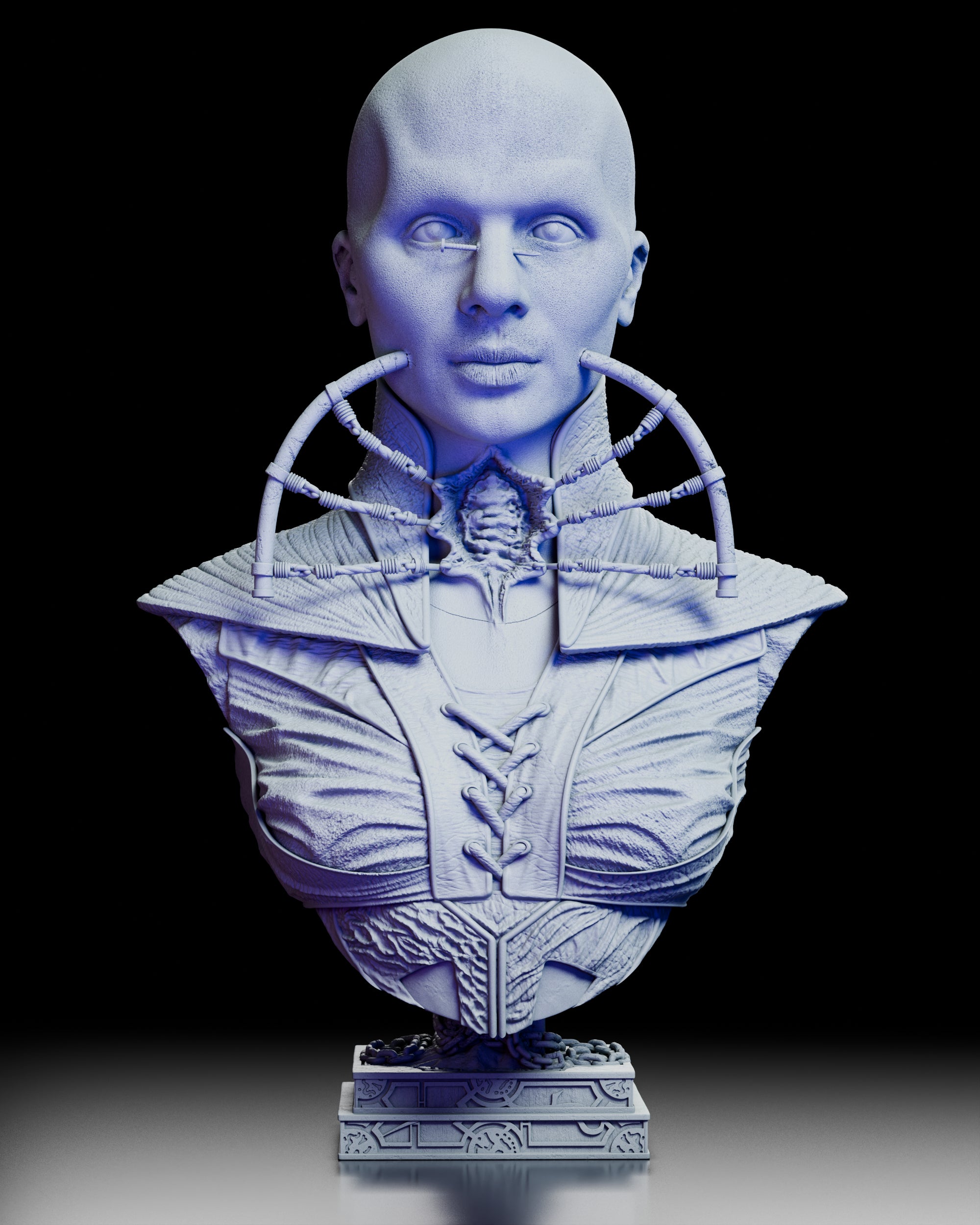360 degree turntable video of the Priestess of Suffering silent cenobite portrait bust showcasing all angles of the detailed horror sculpture, from front profile to chained base