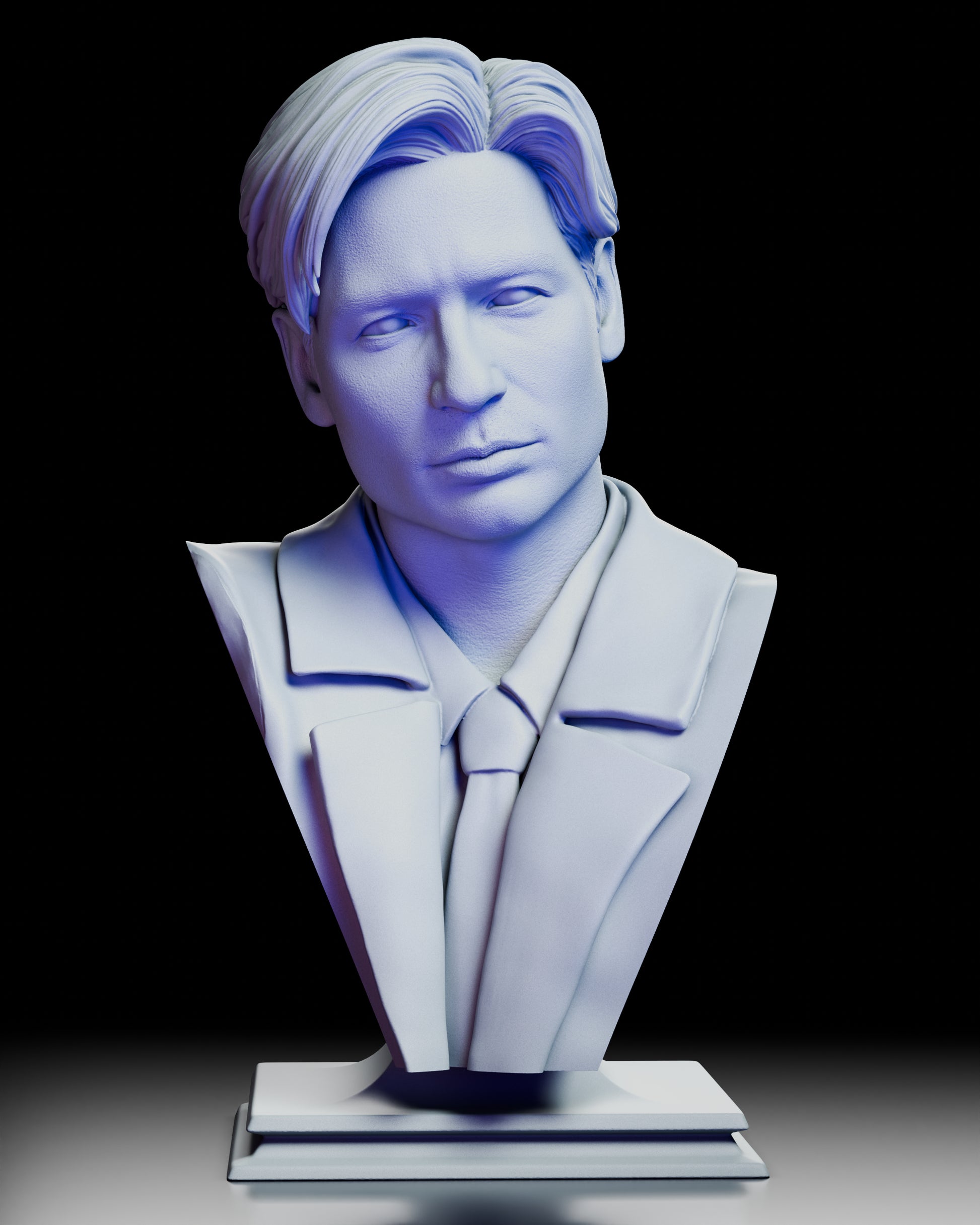 A full 360 degree rotation of the Fox Mulder portrait bust, revealing detailed facial structure, layered hair, crisp suit lapels, and a stepped pedestal base from every angle