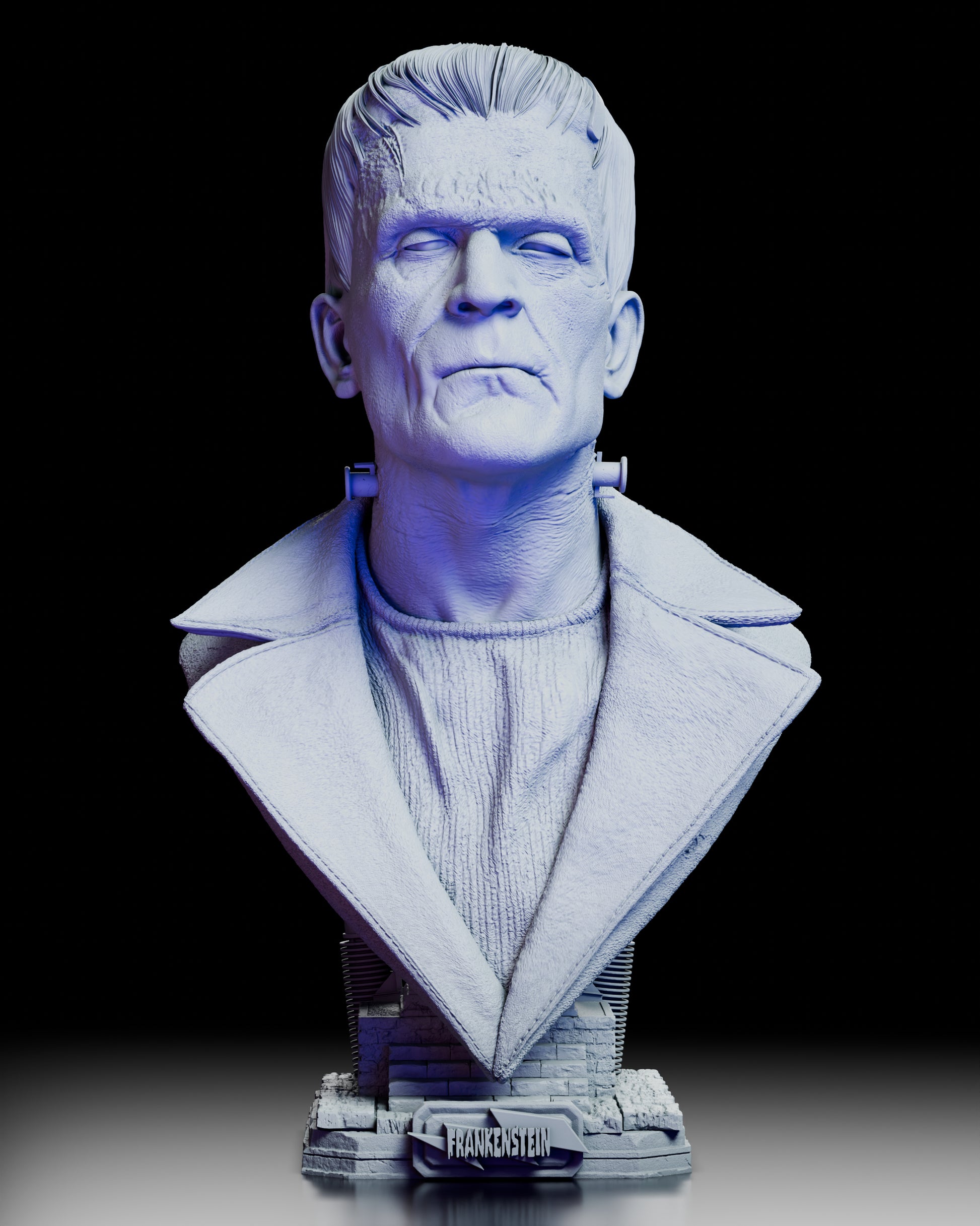 Video turntable of the Frankenstein Portrait Bust by Wicked, showcasing the creature’s solemn expression, detailed stitching, and textured clothing.