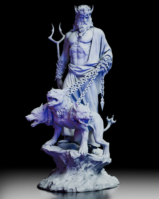 360-degree turntable view of Hades, The Unseen King resin figure kit featuring Hades and Cerberus on a textured stone base with detailed armor and sculpted form