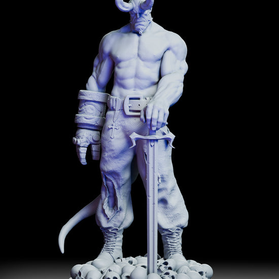 Full 360-degree rotation of the Hellboy Figure Kit by CA3D, showcasing detailed anatomy, horned head sculpt, stone gauntlet, and base of skulls from every angle