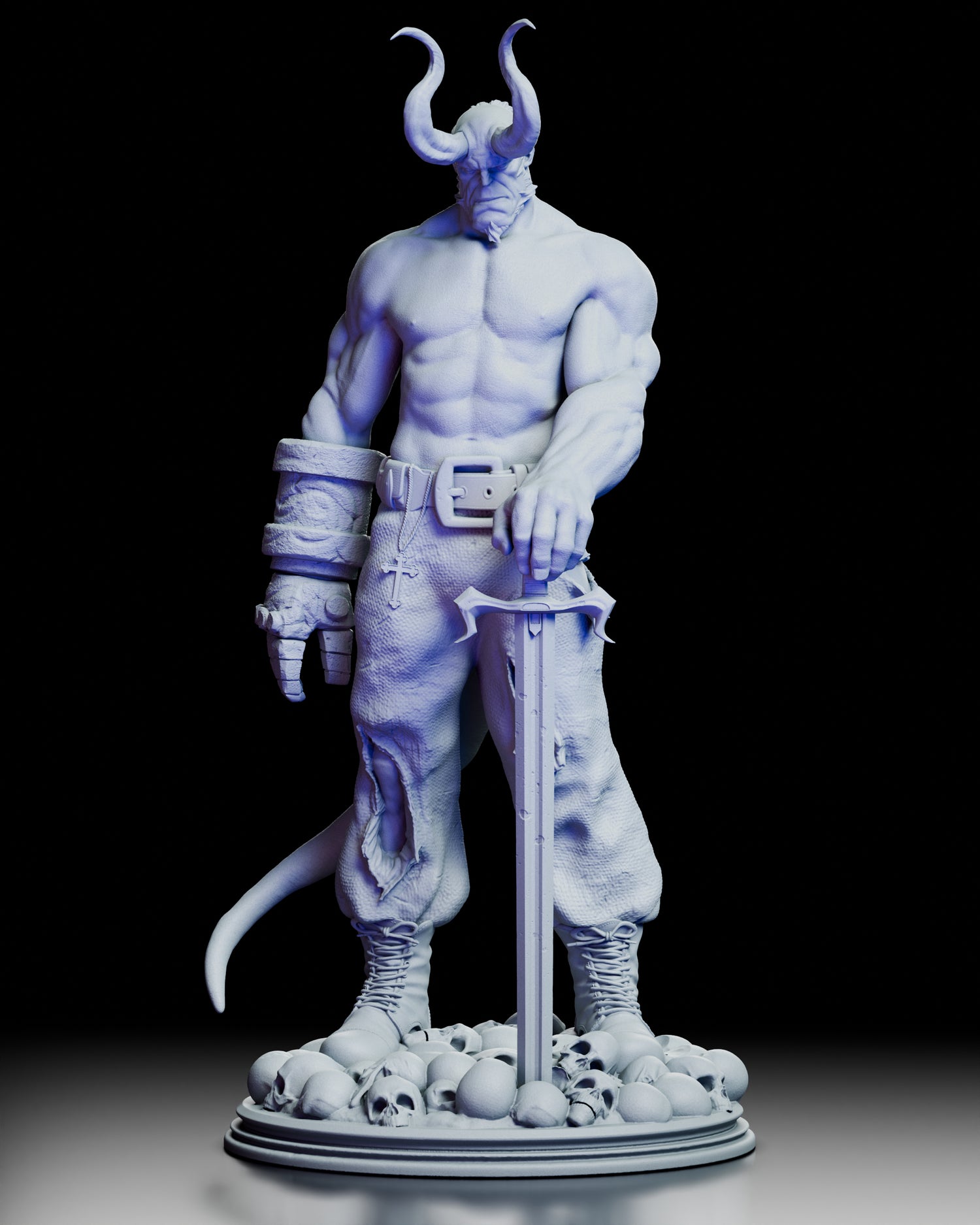 Full 360-degree rotation of the Hellboy Figure Kit by CA3D, showcasing detailed anatomy, horned head sculpt, stone gauntlet, and base of skulls from every angle