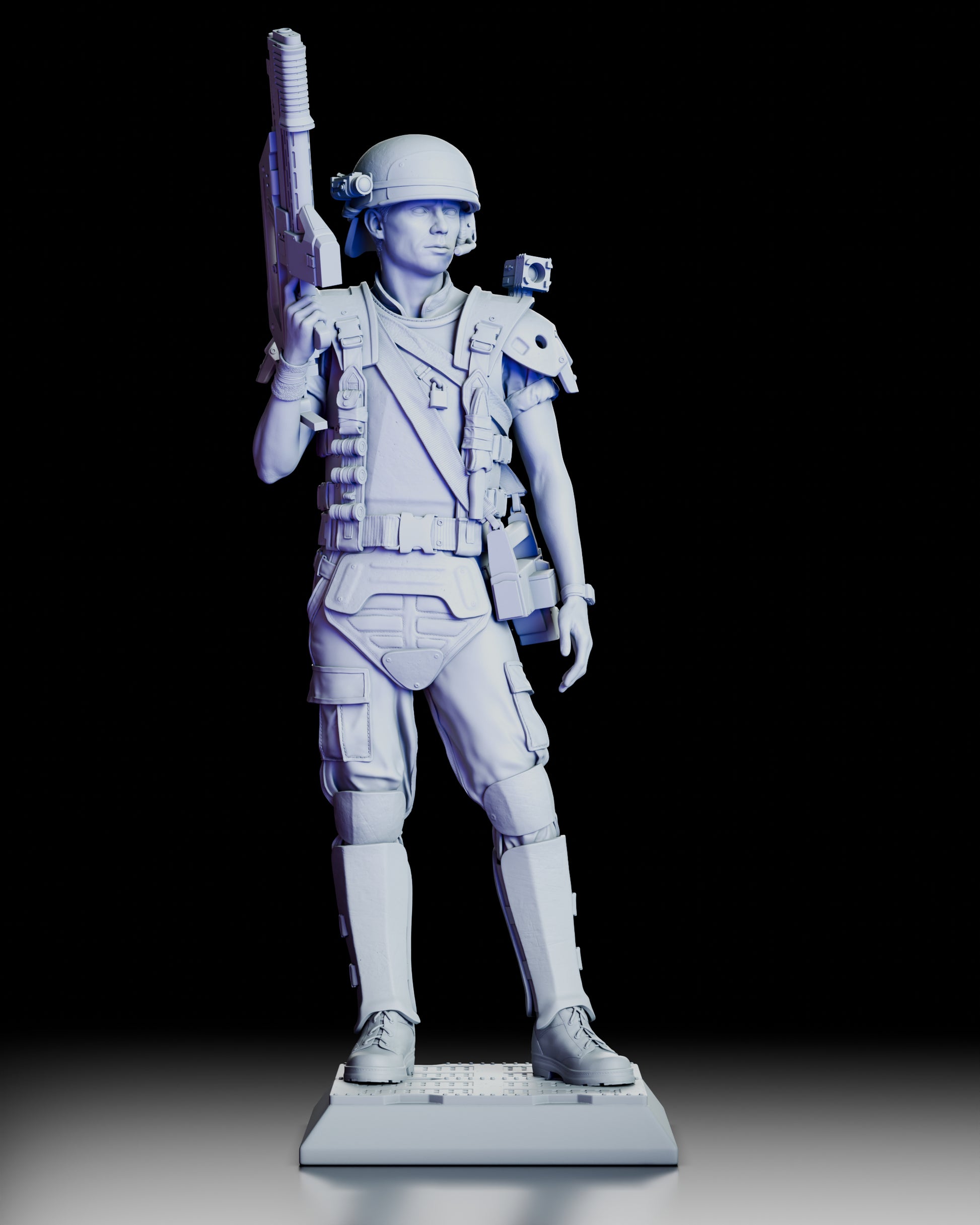 360-degree turntable view of Corporal Hicks Aliens Colonial Marine figure model kit showcasing all angles of combat armor, tactical gear, pulse rifle, helmet details, and equipment accessories in unpainted resin finish